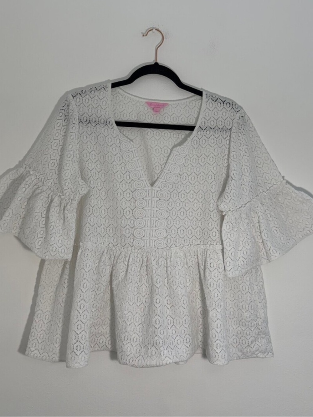 NWT Lilly Pulitzer Size L White Lace Peplum V Neck Flutter Sleeve Blouse - Picture 6 of 7